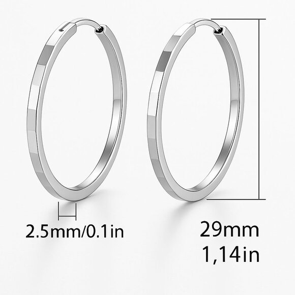 S925 Sterling Silver Hoop Earrings with Square Engraving, 29mm Minimalist Polish - Picture 2 of 5